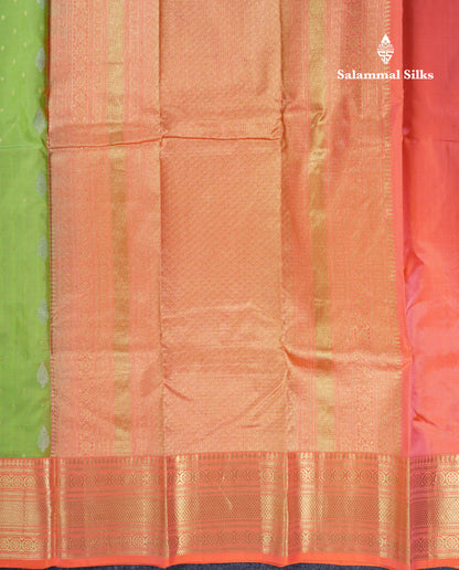 Beautiful Parrot Green Pure Kanjivaram Silk Saree With Contrast Orange Traditional Border