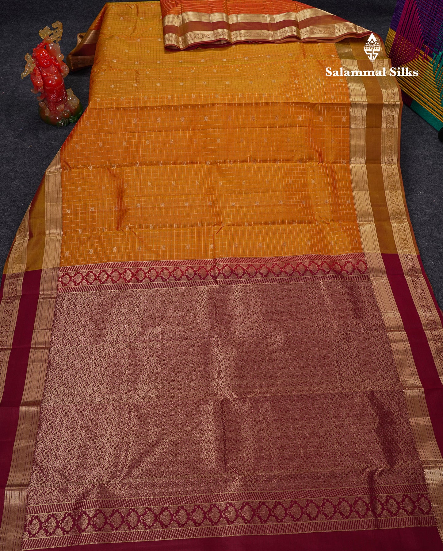 Beautiful Orange Checks And Buttas Pure Kanjivaram Silk Saree With Contrast Mustard Yellow Traditional Double Border