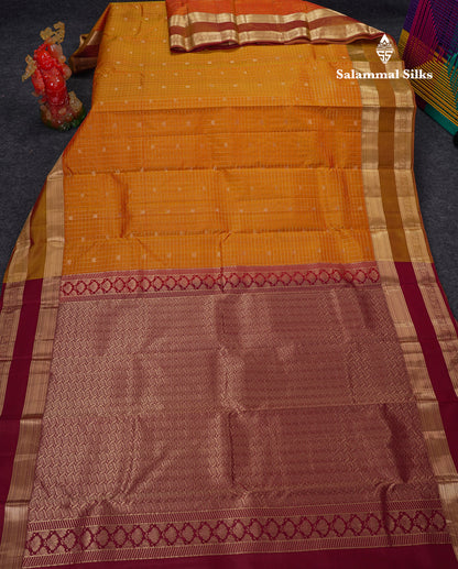 Beautiful Orange Checks And Buttas Pure Kanjivaram Silk Saree With Contrast Mustard Yellow Traditional Double Border