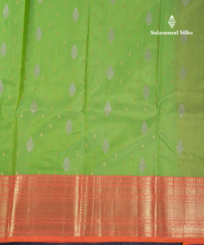 Beautiful Parrot Green Pure Kanjivaram Silk Saree With Contrast Orange Traditional Border