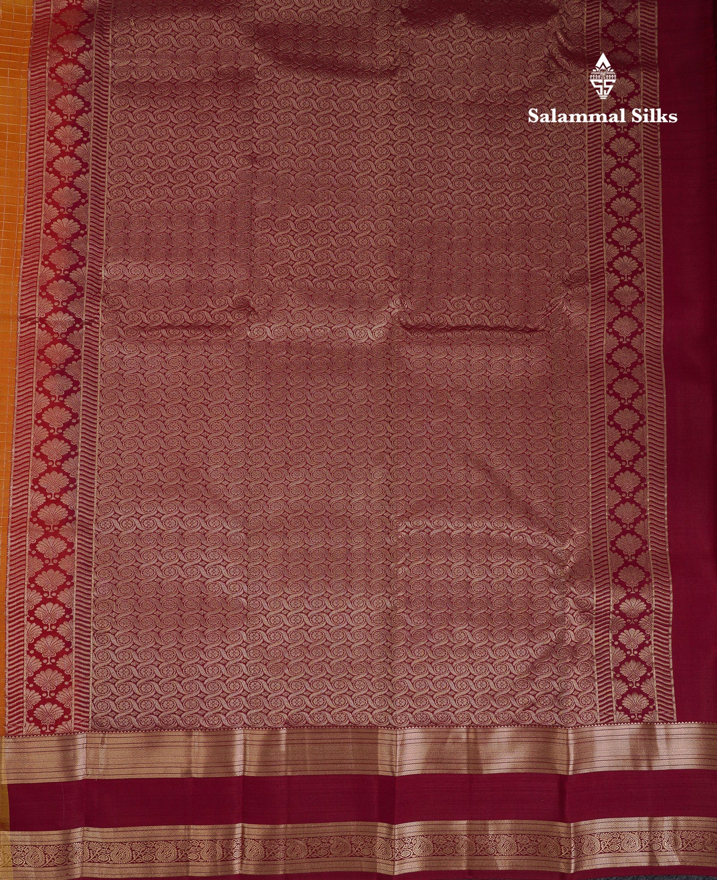 Beautiful Orange Checks And Buttas Pure Kanjivaram Silk Saree With Contrast Mustard Yellow Traditional Double Border