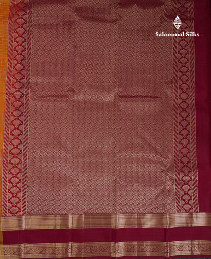 Beautiful Orange Checks And Buttas Pure Kanjivaram Silk Saree With Contrast Mustard Yellow Traditional Double Border
