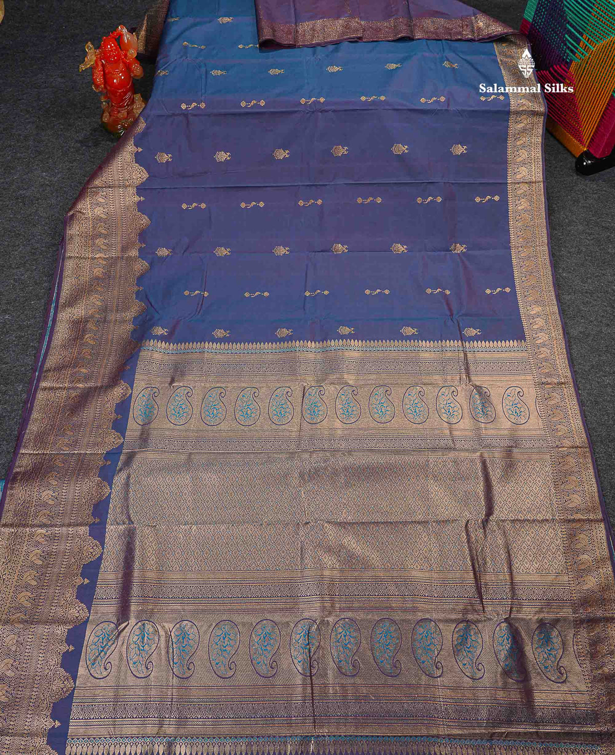 Semi Silk Saree - Dual Tone Blue Colour Body Zari Butta With Traditional Turning Border