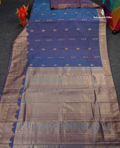 Semi Silk Saree - Dual Tone Blue Colour Body Zari Butta With Traditional Turning Border
