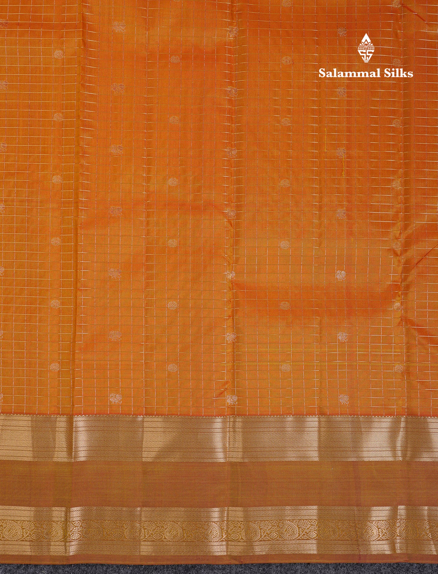 Beautiful Orange Checks And Buttas Pure Kanjivaram Silk Saree With Contrast Mustard Yellow Traditional Double Border