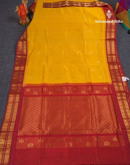 Yellow Small Zari Checks With Butta Pure Silk Cotton Saree With Contrast Reddish Maroon Traditional Border
