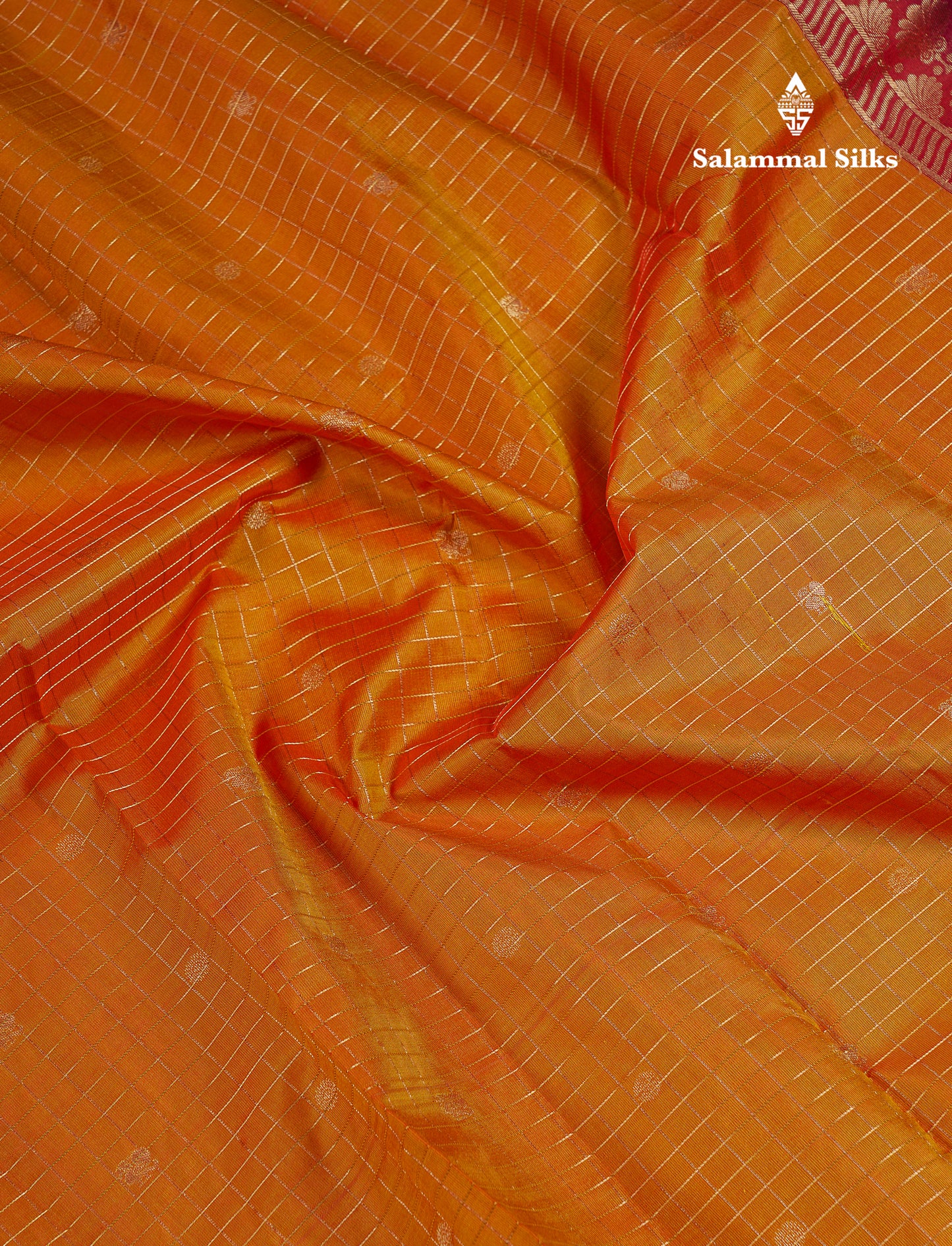 Beautiful Orange Checks And Buttas Pure Kanjivaram Silk Saree With Contrast Mustard Yellow Traditional Double Border