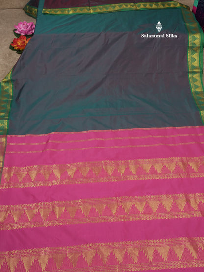 10 Yards Art Silk Saree Dark Brown with Contrast Green Temple Border