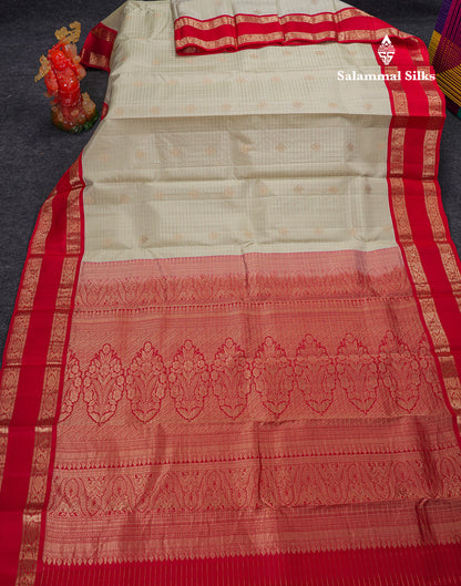 Beautiful Half White Traditional Checks And Buttas Pure Kanjivaram Silk Saree With Contrast Violet Border