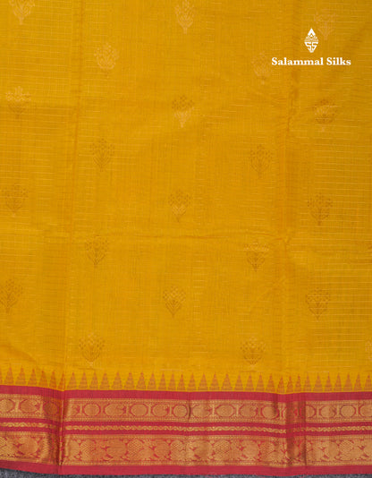 Yellow Small Zari Checks With Butta Pure Silk Cotton Saree With Contrast Reddish Maroon Traditional Border