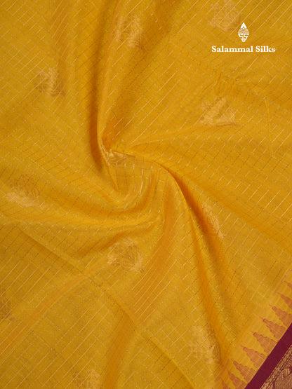 Yellow Small Zari Checks With Butta Pure Silk Cotton Saree With Contrast Reddish Maroon Traditional Border