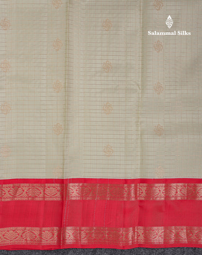 Beautiful Half White Traditional Checks And Buttas Pure Kanjivaram Silk Saree With Contrast Violet Border
