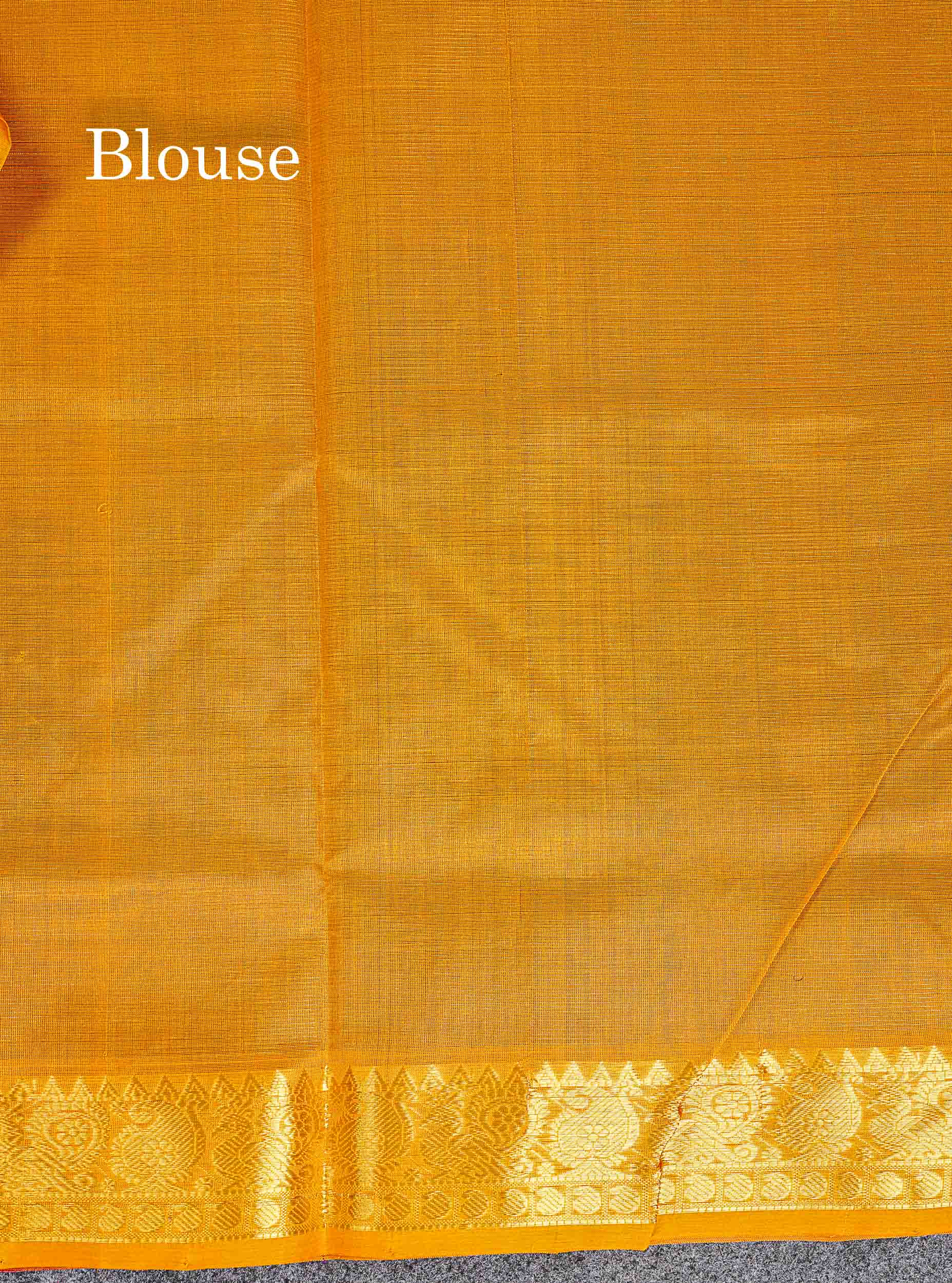 Contrast Mustard Yellow Blouse Of Dark Purple Pure Silk Cotton Saree