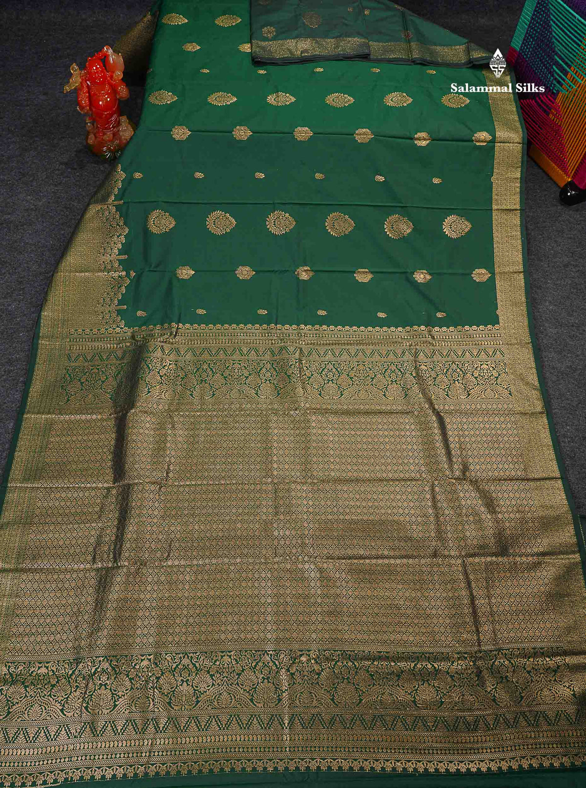 Semi Silk Saree - Bottle Green Colour Body Zari Butta With Traditional Turning Border 