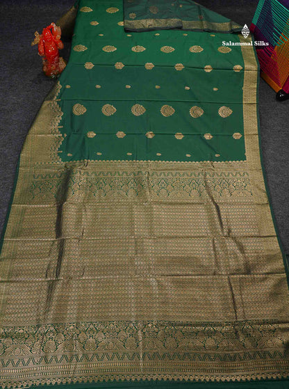 Semi Silk Saree - Bottle Green Colour Body Zari Butta With Traditional Turning Border 