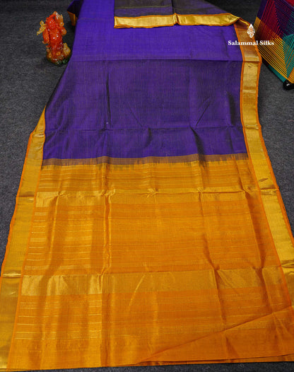 Pure Silk Cotton Saree - Violet Vaira Oosi Lines Along With Contrast Mustard Yellow Traditional Border