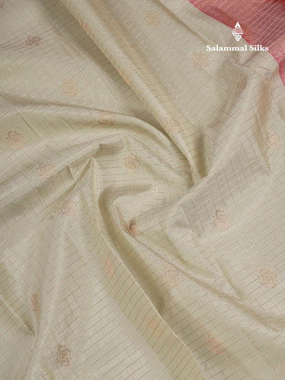Beautiful Half White Traditional Checks And Buttas Pure Kanjivaram Silk Saree With Contrast Violet Border