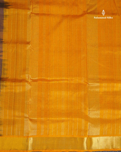 Pure Silk Cotton Saree - Violet Vaira Oosi Lines Along With Contrast Mustard Yellow Traditional Border