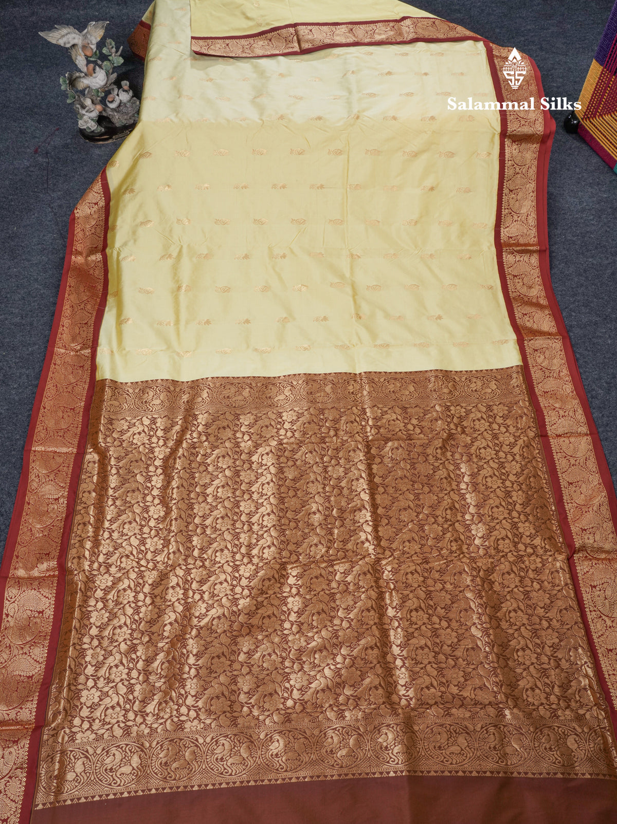 9 Yards Semi Silk Saree Light Yellow With Contrast Maroon Border