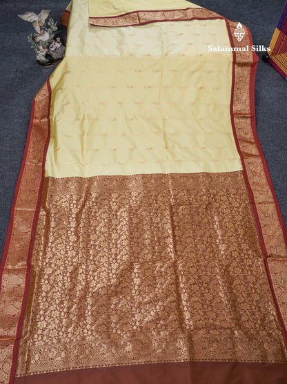 9 Yards Semi Silk Saree Light Yellow With Contrast Maroon Border