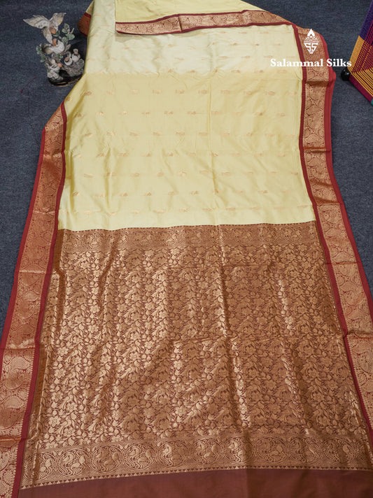 9 Yards Semi Silk Saree Light Yellow With Contrast Maroon Border