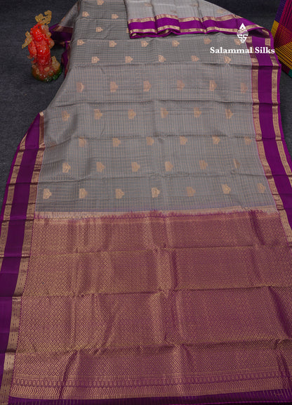 Beautiful Grey Traditional Checks And Buttas Pure Kanjivaram Silk Saree With Contrast Violet Border