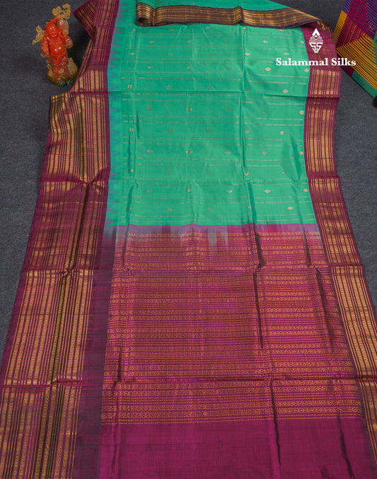 Sea Green Pure Silk Cotton Saree With Contrast Magenta Traditional Evening Moning Border
