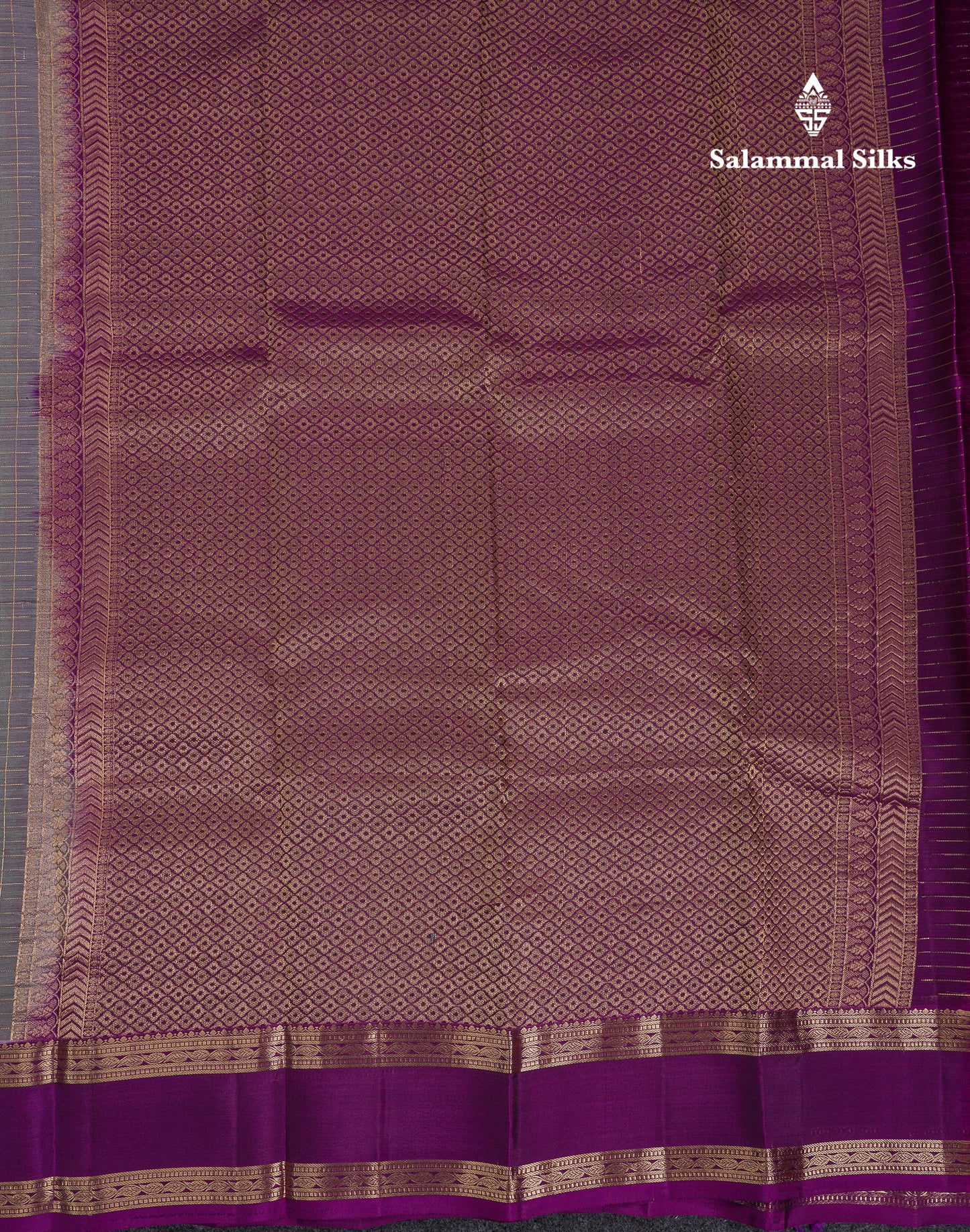 Beautiful Grey Traditional Checks And Buttas Pure Kanjivaram Silk Saree With Contrast Violet Border