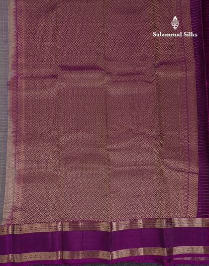 Beautiful Grey Traditional Checks And Buttas Pure Kanjivaram Silk Saree With Contrast Violet Border