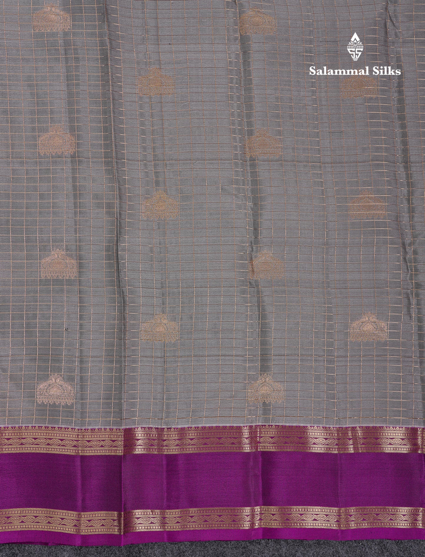 Beautiful Grey Traditional Checks And Buttas Pure Kanjivaram Silk Saree With Contrast Violet Border