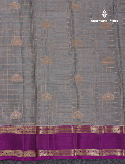 Beautiful Grey Traditional Checks And Buttas Pure Kanjivaram Silk Saree With Contrast Violet Border