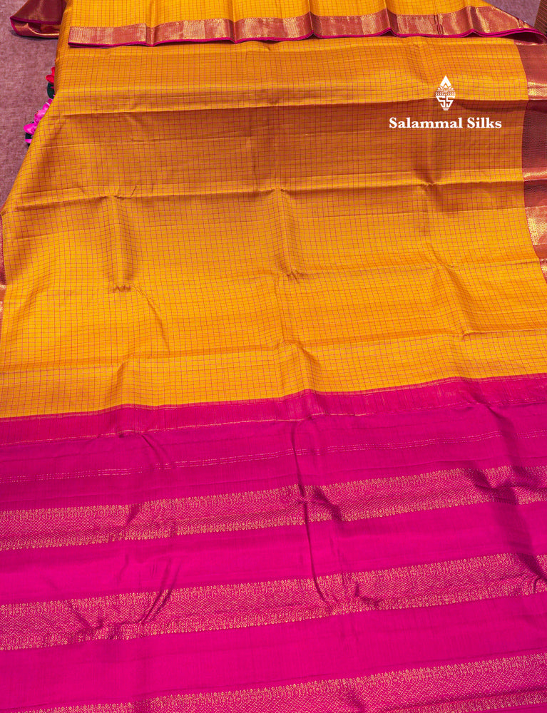 Yellow Colour Samll Checks Kanjivaram Pure Silk Saree With Gold Zari Border