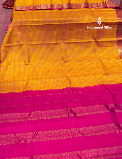 Yellow Colour Samll Checks Kanjivaram Pure Silk Saree With Gold Zari Border