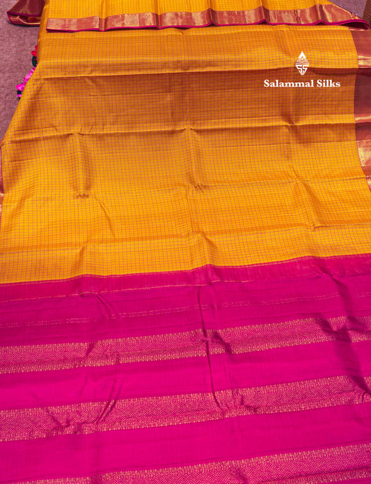 Yellow Colour Samll Checks Kanjivaram Pure Silk Saree With Gold Zari Border