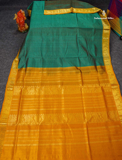 Pure Silk Cotton Saree - Green Vaira Oosi Lines Along With Contrast Mustard Yellow Traditional Border