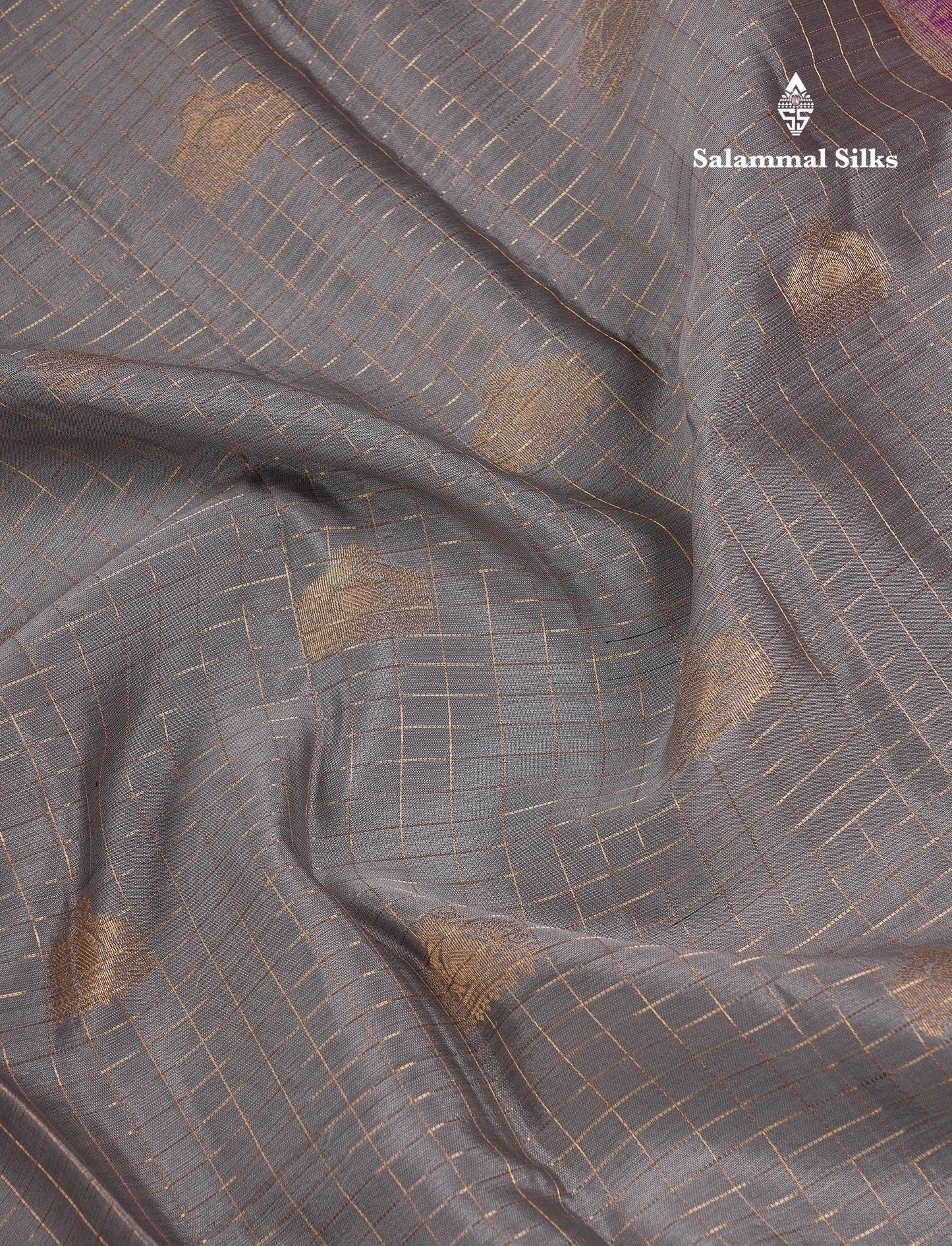 Beautiful Grey Traditional Checks And Buttas Pure Kanjivaram Silk Saree With Contrast Violet Border