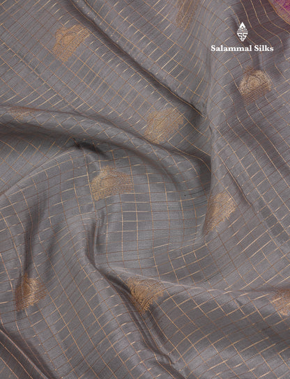 Beautiful Grey Traditional Checks And Buttas Pure Kanjivaram Silk Saree With Contrast Violet Border