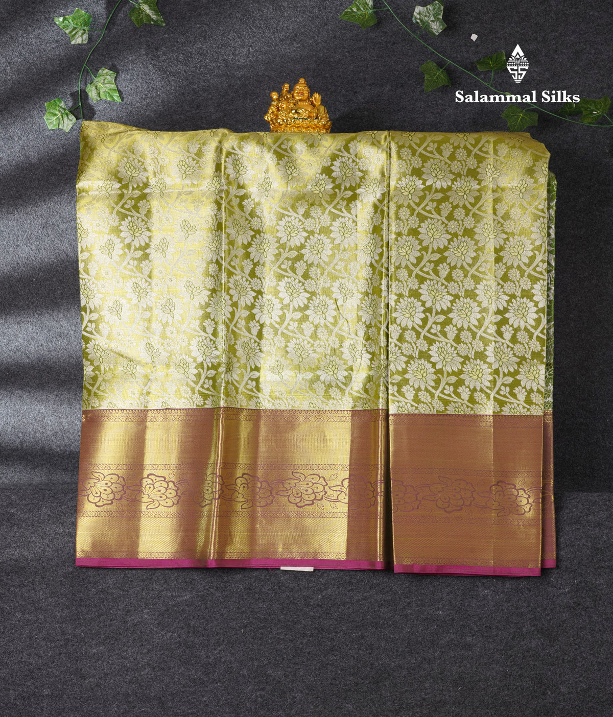 Semi Silk Pattu Pavadai ( Yellow Green Tissue ) With Gold Blouse  44"