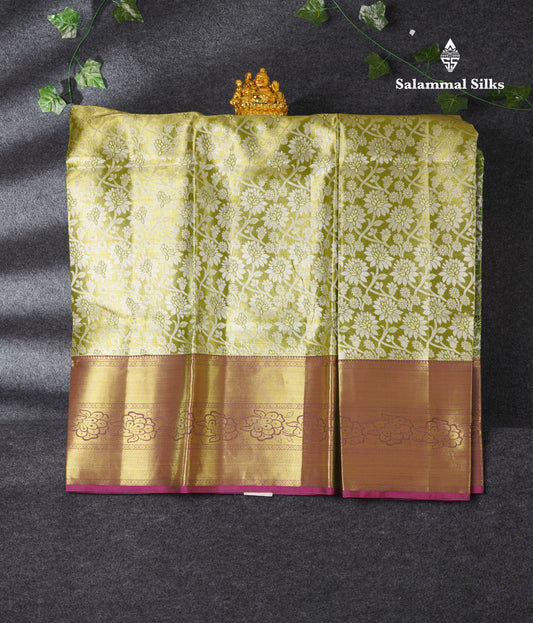 Semi Silk Pattu Pavadai ( Yellow Green Tissue ) With Gold Blouse  44"