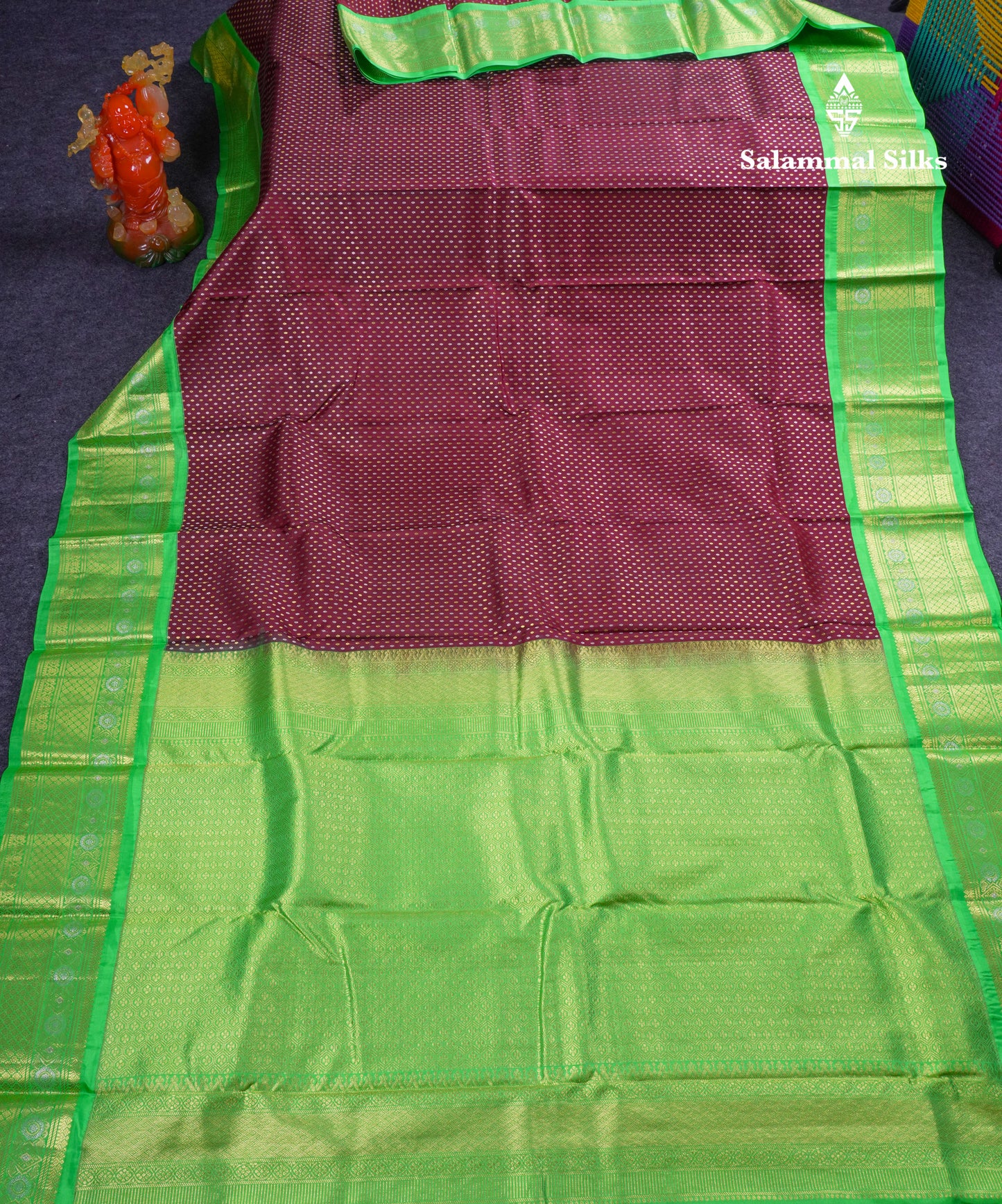Beautiful Dark Brown Silver & Gold Butta Pure Kanjivaram Silk Saree With Contrast Parrot Green Traditional Border