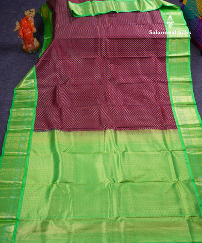 Beautiful Dark Brown Silver & Gold Butta Pure Kanjivaram Silk Saree With Contrast Parrot Green Traditional Border