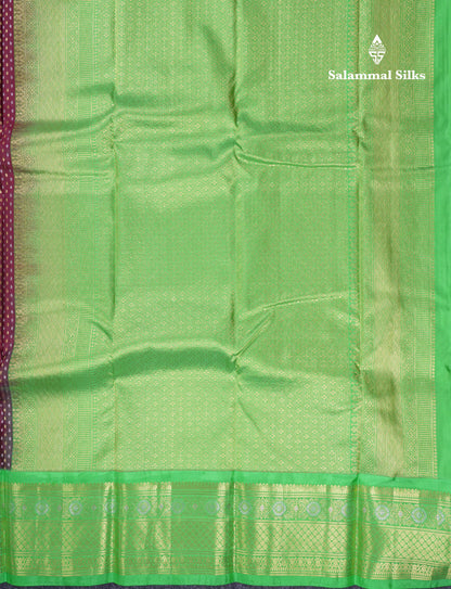 Beautiful Dark Brown Silver & Gold Butta Pure Kanjivaram Silk Saree With Contrast Parrot Green Traditional Border