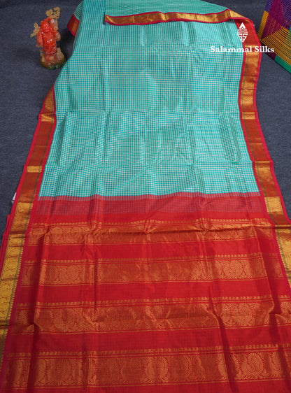 Sky Blue & White Tiny Checks Pure Silk Cotton Saree With Contrast Chilly Red Traditional Border