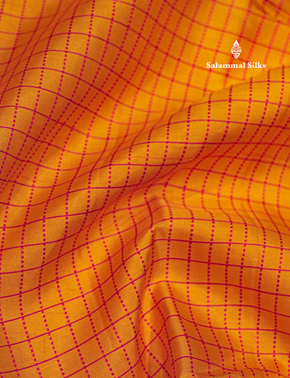 Yellow Colour Samll Checks Kanjivaram Pure Silk Saree With Gold Zari Border