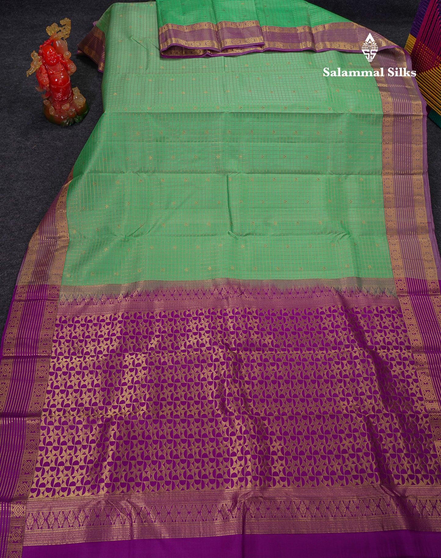 Beautiful Parrot Green Traditional Checks And Buttas Pure Kanjivaram Silk Saree With Contrast Violet Border