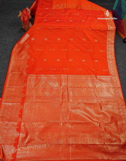 Semi Silk Saree - Orange Colour Body Zari Butta With Traditional Turning Border