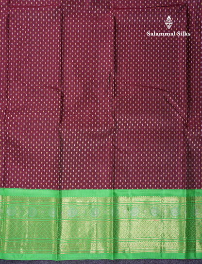 Beautiful Dark Brown Silver & Gold Butta Pure Kanjivaram Silk Saree With Contrast Parrot Green Traditional Border