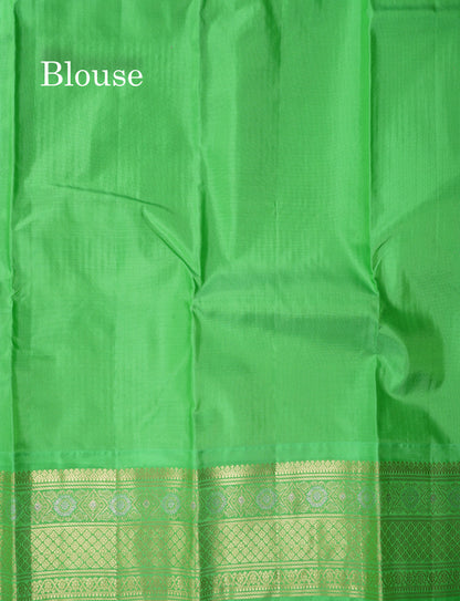 Beautiful Dark Brown Silver & Gold Butta Pure Kanjivaram Silk Saree With Contrast Parrot Green Traditional Border