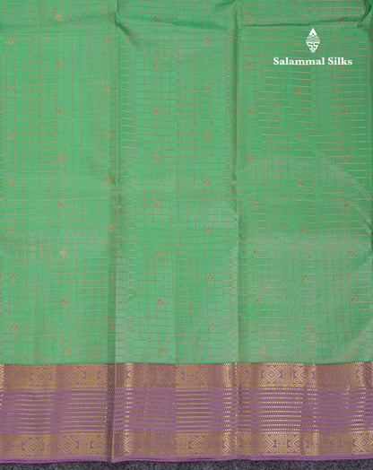 Beautiful Parrot Green Traditional Checks And Buttas Pure Kanjivaram Silk Saree With Contrast Violet Border