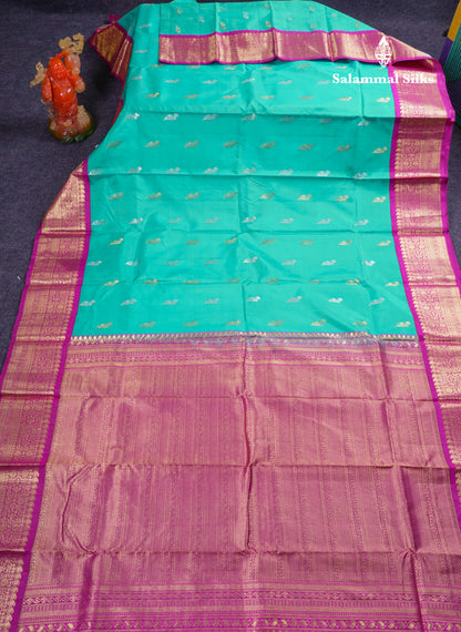 Beautiful Sapphire Green Silver & Gold Butta Pure Kanjivaram Silk Saree With Contrast Magenta Pink Traditional Border